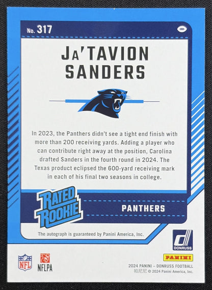 Ja'Tavion Sanders 2024 Panini Donruss Rated Rookie Auto Green Panthers back