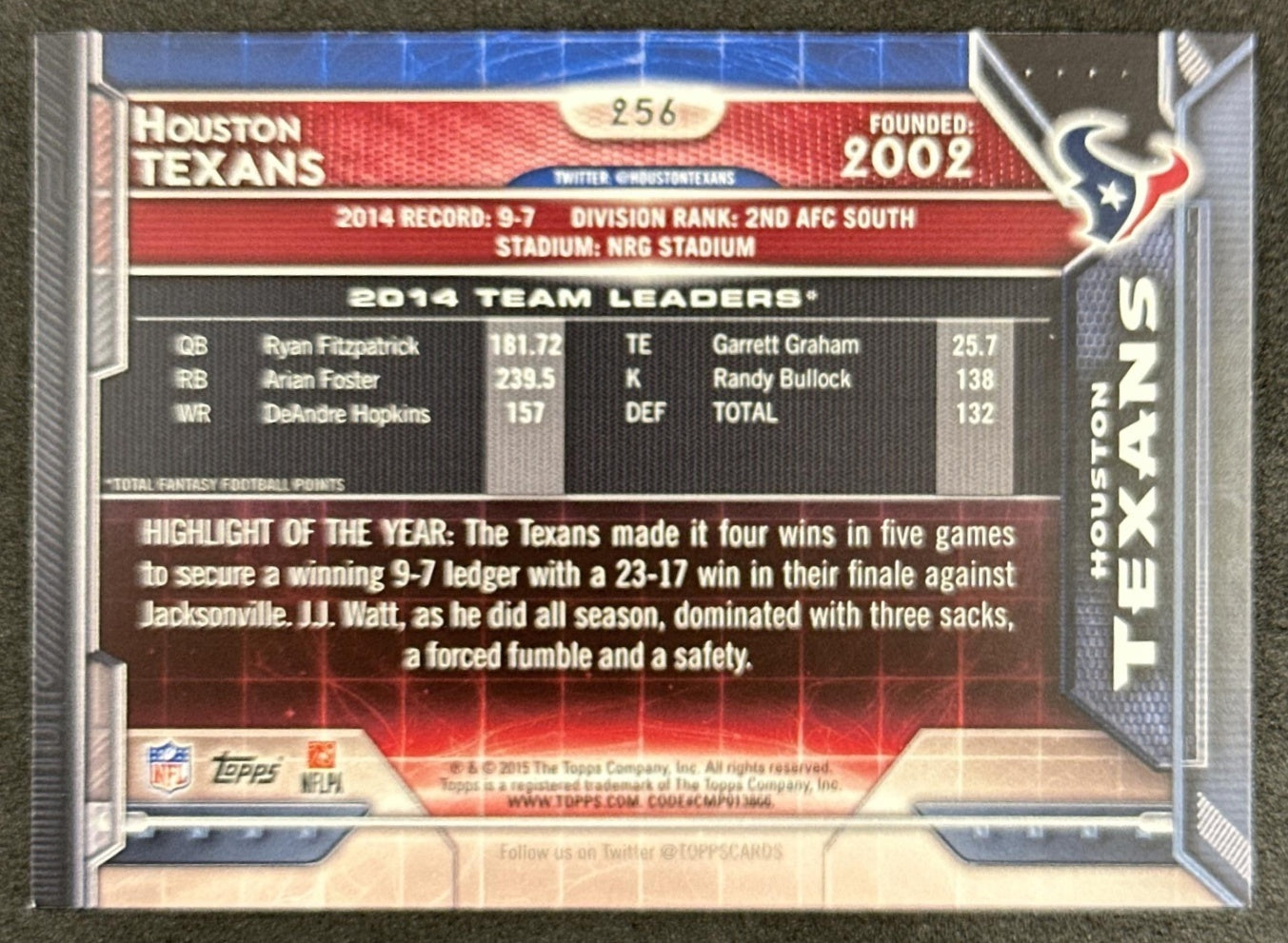 Houston Texans 2015 Topps Sports Trading Card