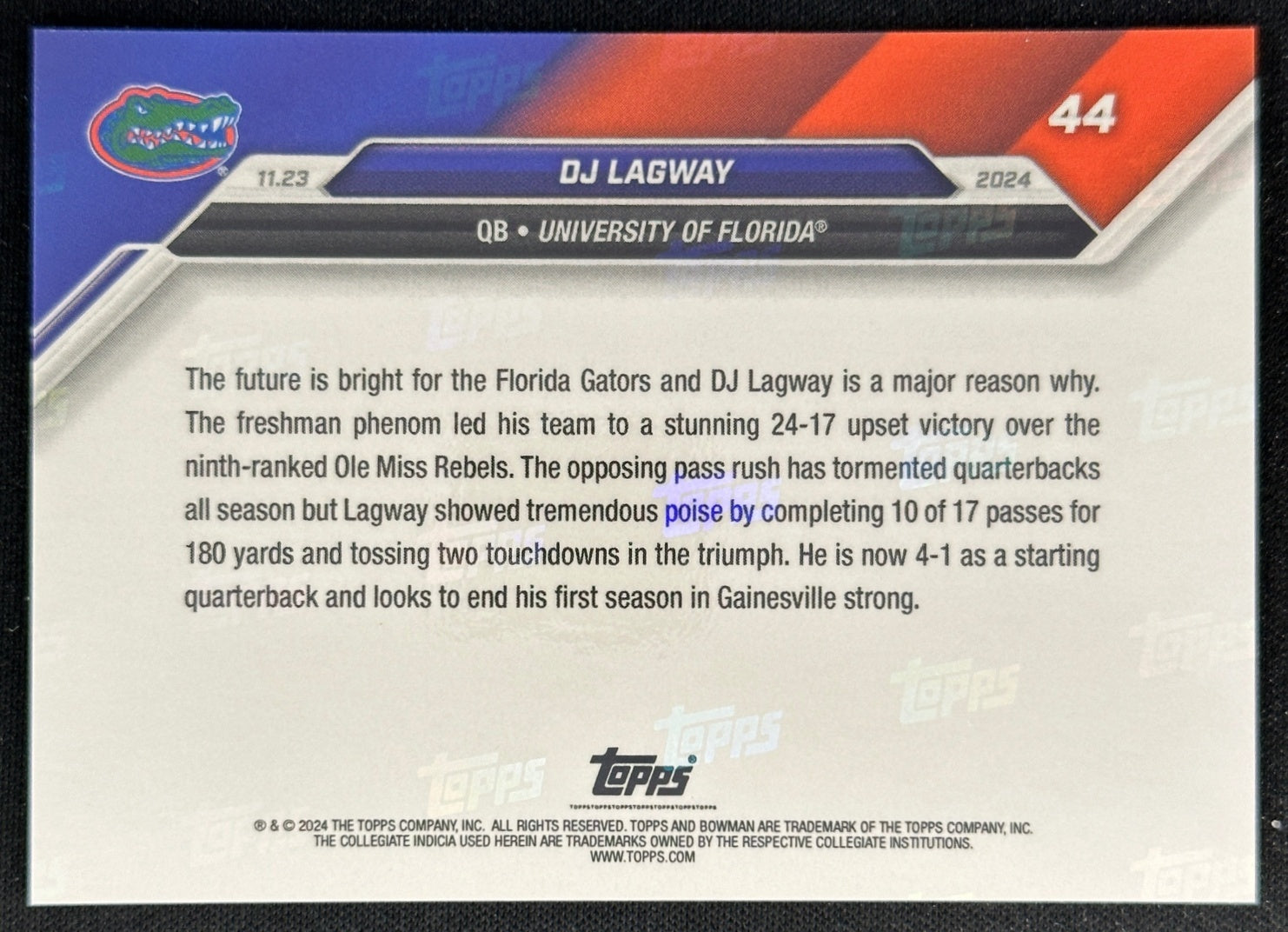 DJ Lagway 2024 Bowman U Now #44 Florida Gators