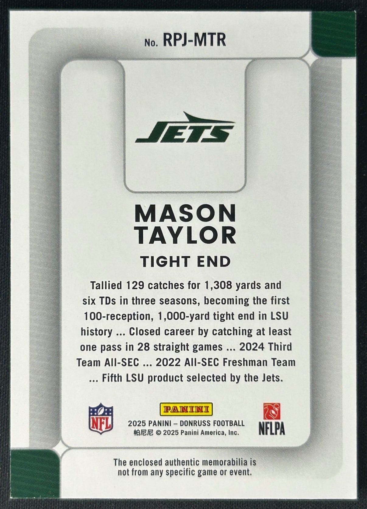 Mason Taylor 2025 Donruss Rookie Phenom Jerseys Jets Sports Trading Card