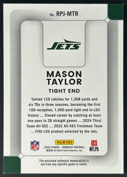 Mason Taylor 2025 Donruss Rookie Phenom Jerseys Jets Sports Trading Card