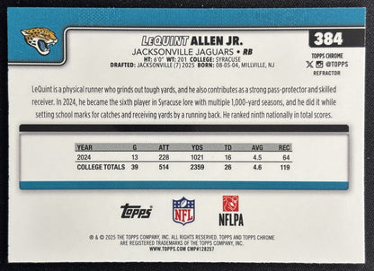 LeQuint Allen Jr. 2025 Topps Chrome Rookie Refractor Jaguars Sports Trading Cards