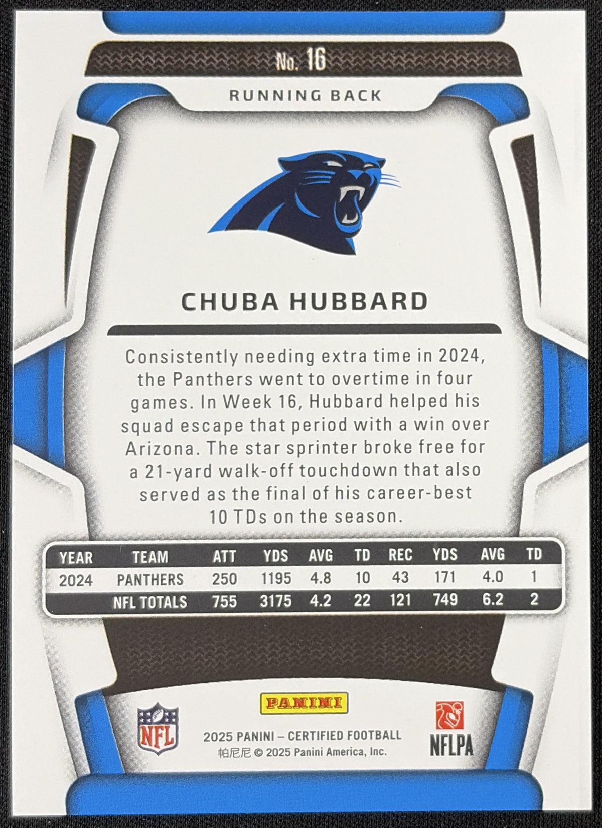 Chuba Hubbard 2025 Panini Certified Mirror Orange /150 Panthers