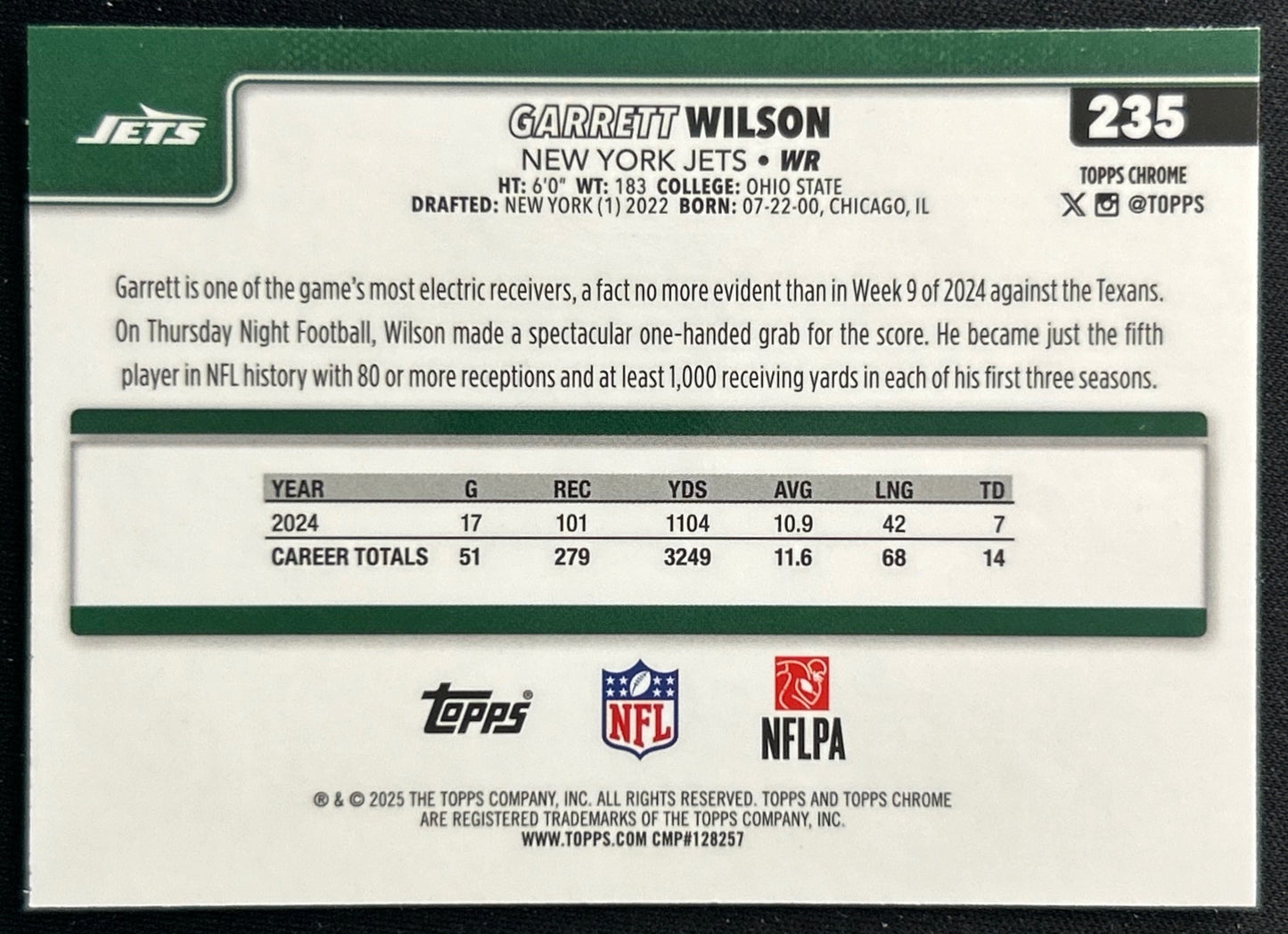 Garrett Wilson 2025 Topps Chrome Jets Sports Trading Cards