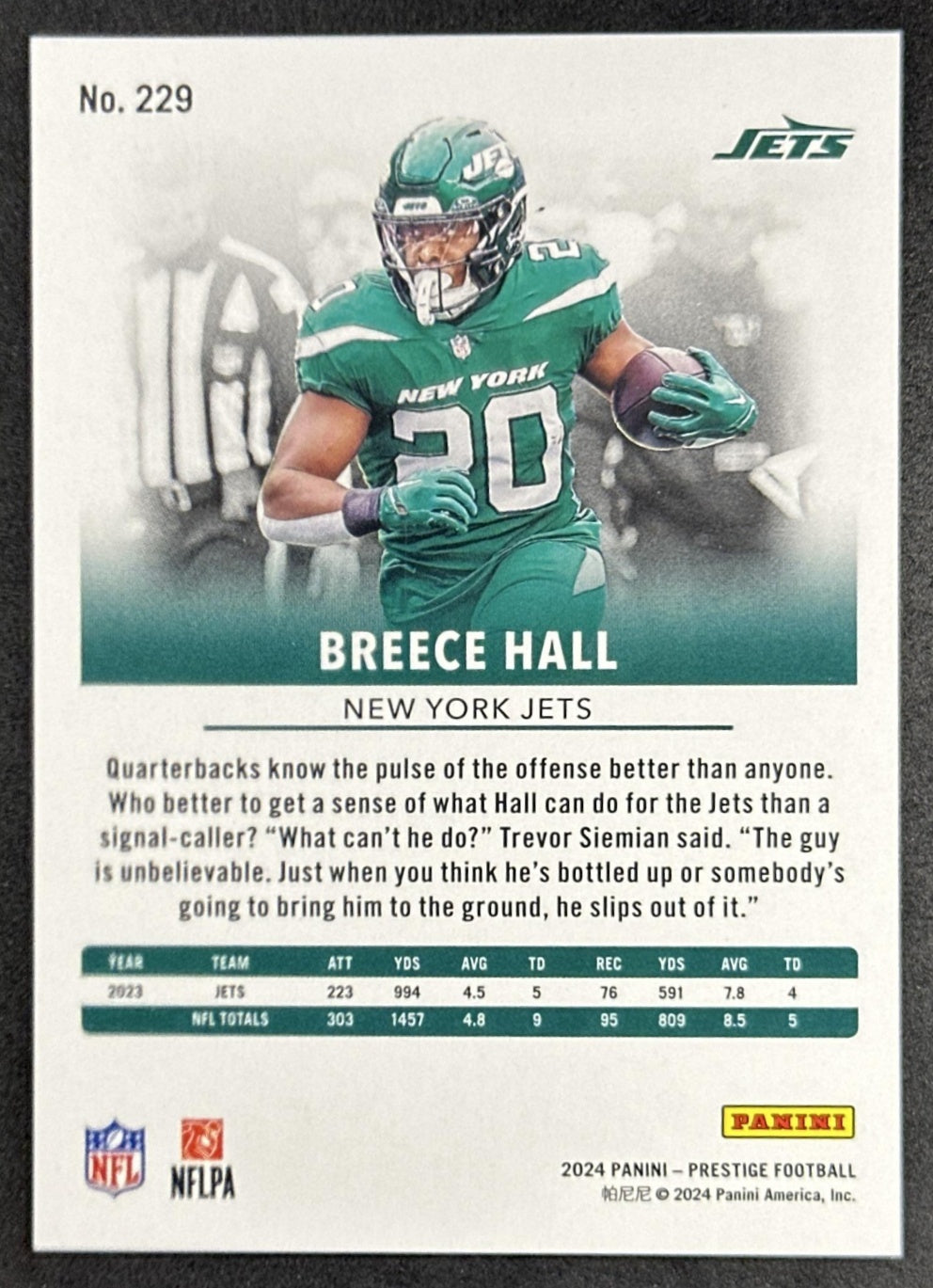 Breece Hall 2024 Panini Prestige Red Xtra Points /999 Jets Sports Trading Card