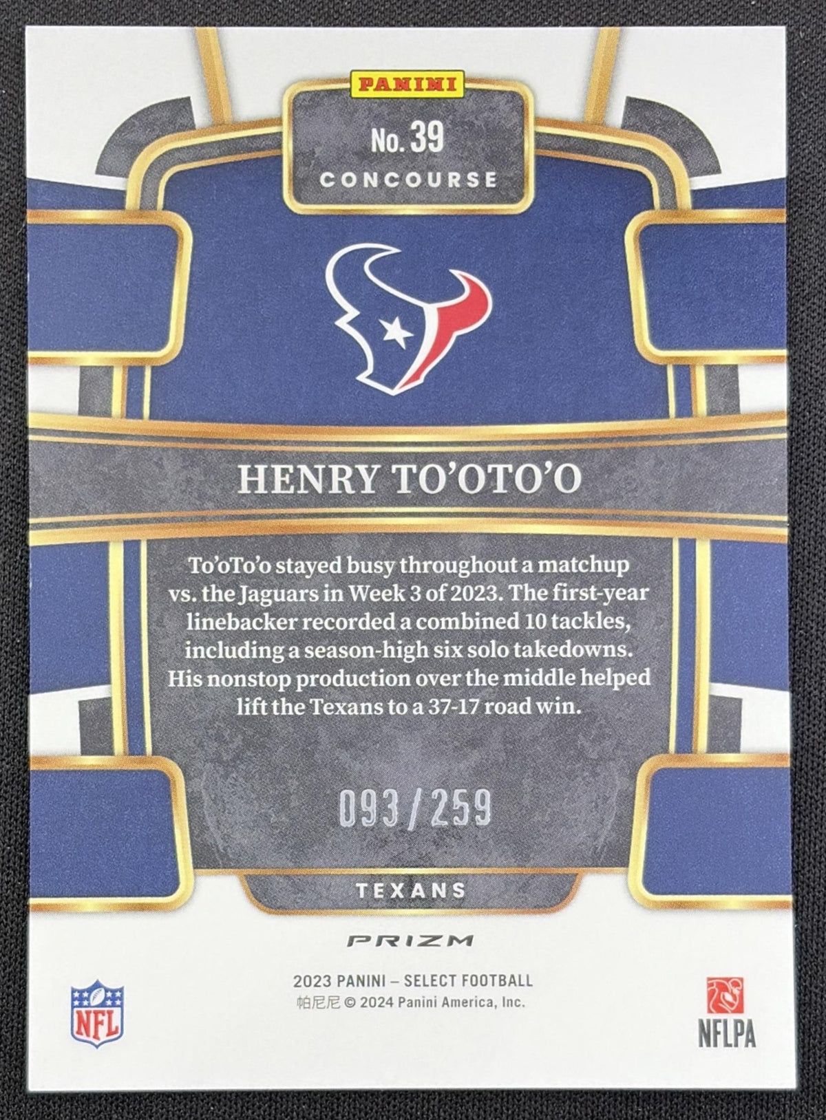 Henry To'oTo'o 2023 Panini Select Tri Color Prizms /259 Texans
