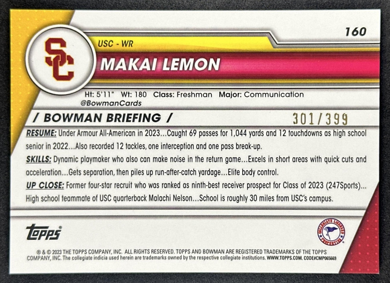 Makai Lemon 2023 Bowman University Chrome Purple Refractor /399 Trojans back