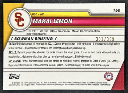 Makai Lemon 2023 Bowman University Chrome Purple Refractor /399 Trojans back