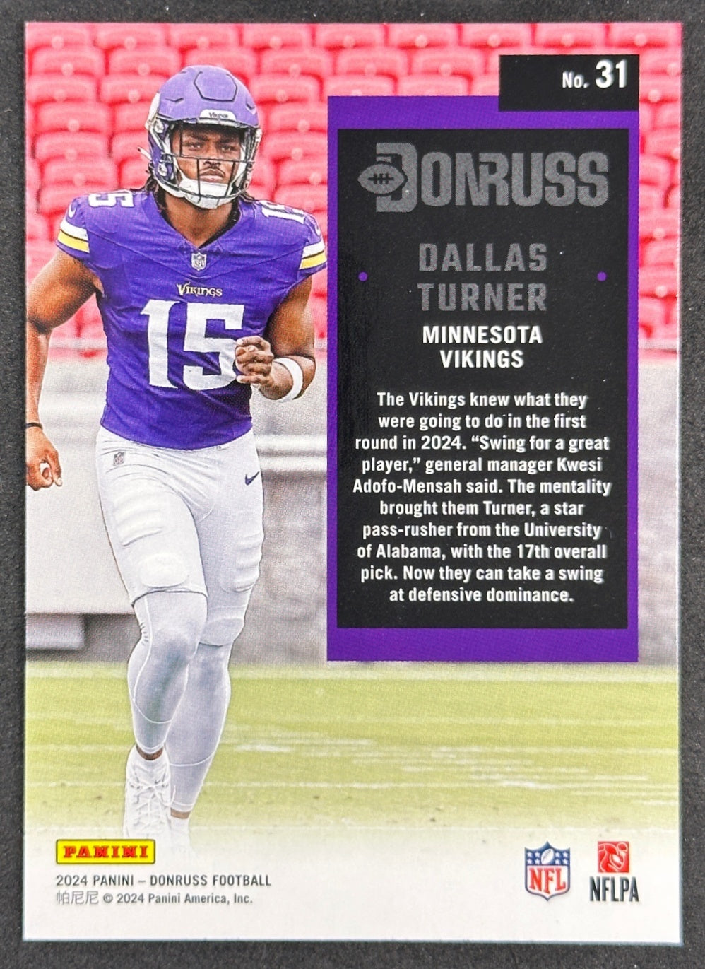 Dallas Turner 2024 Donruss Retro 1994 Vikings Sports Trading Card