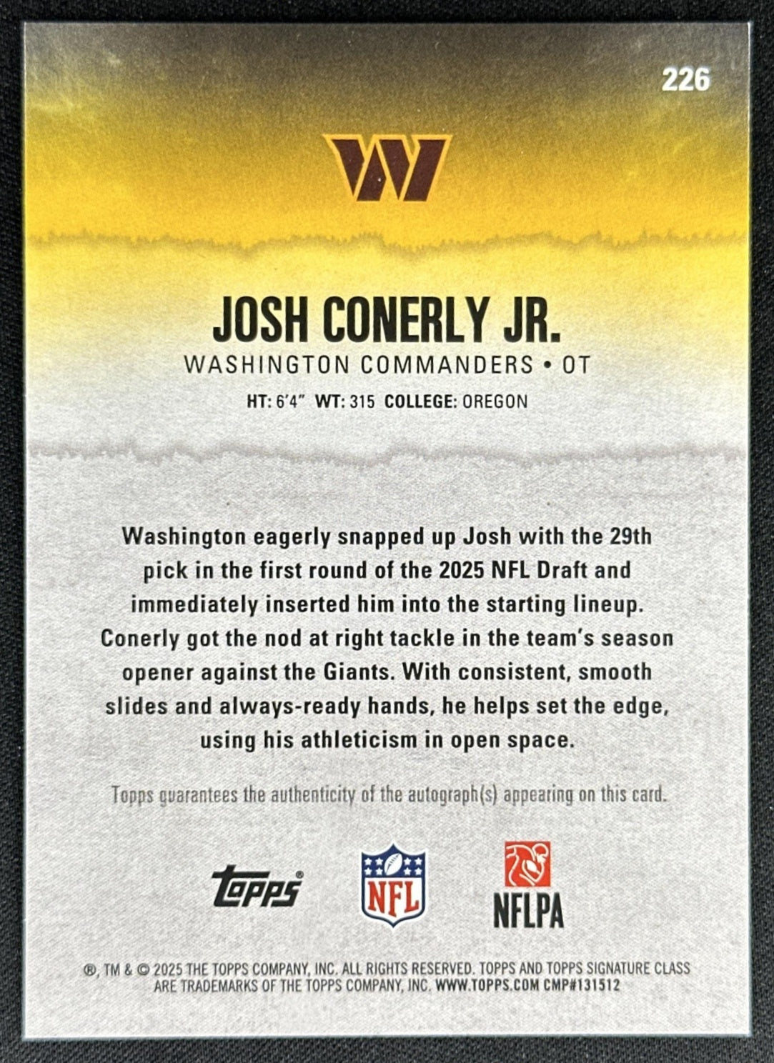 Josh Conerly Jr. 2025 Signature Class Rookie Auto Purple Foil /100 Commanders