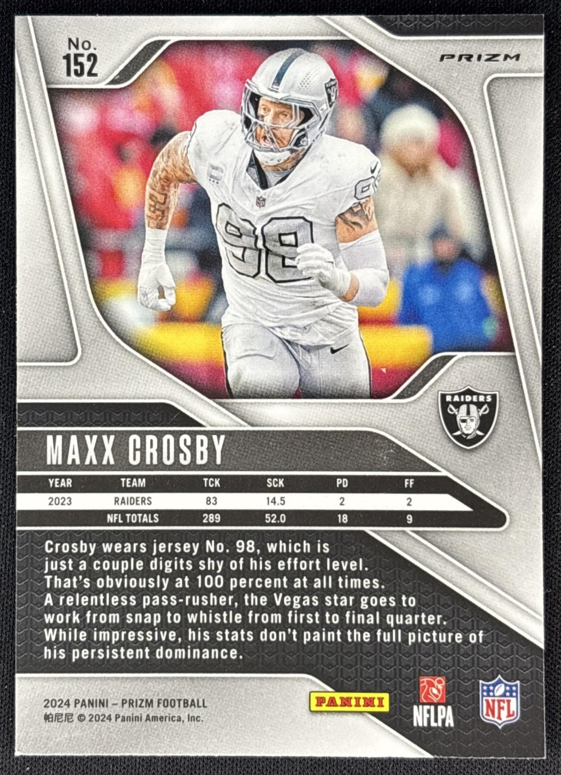 Maxx Crosby 2024 Panini Prizm Lazer Raiders back