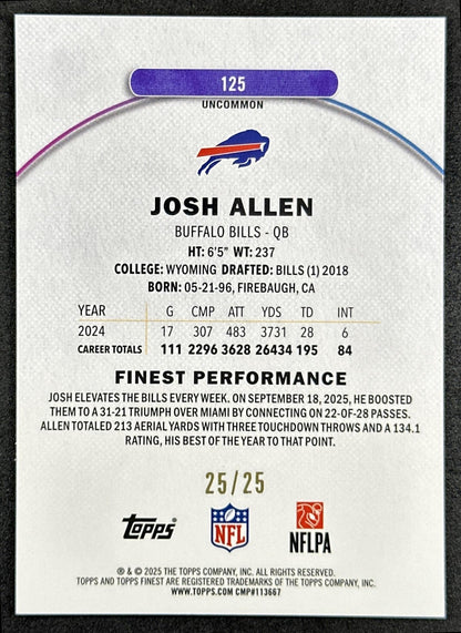 Josh Allen 2025 Topps Finest Uncommon Gold Refractor /25 Bills