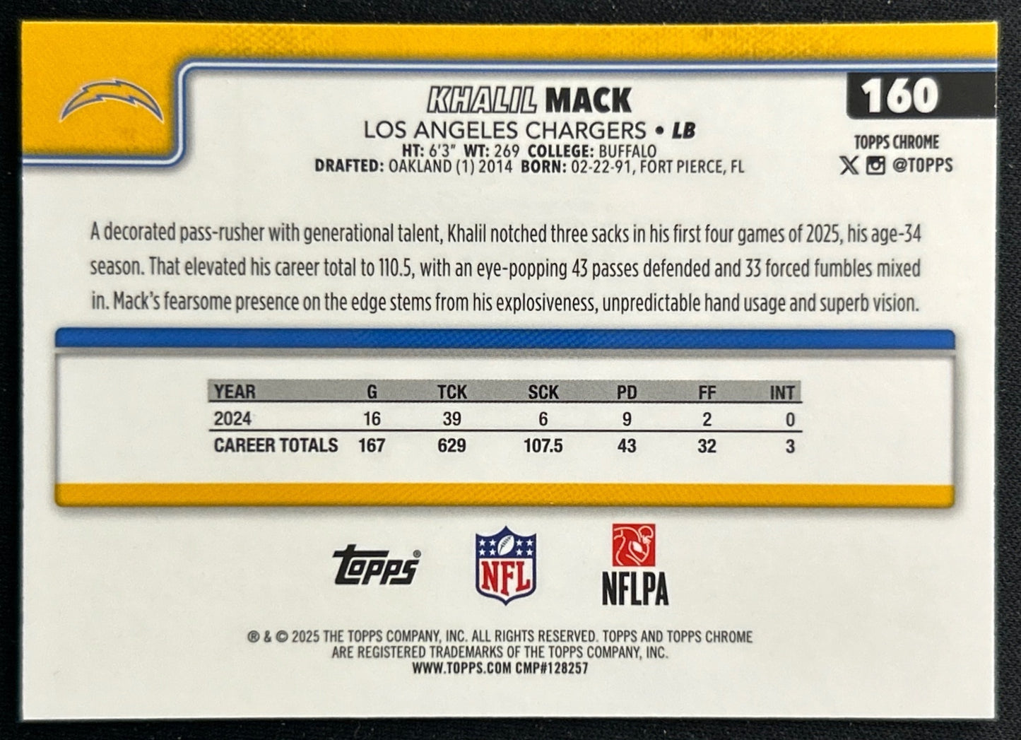 Khalil Mack 2025 Topps Chrome Chargers Sports Trading Cards