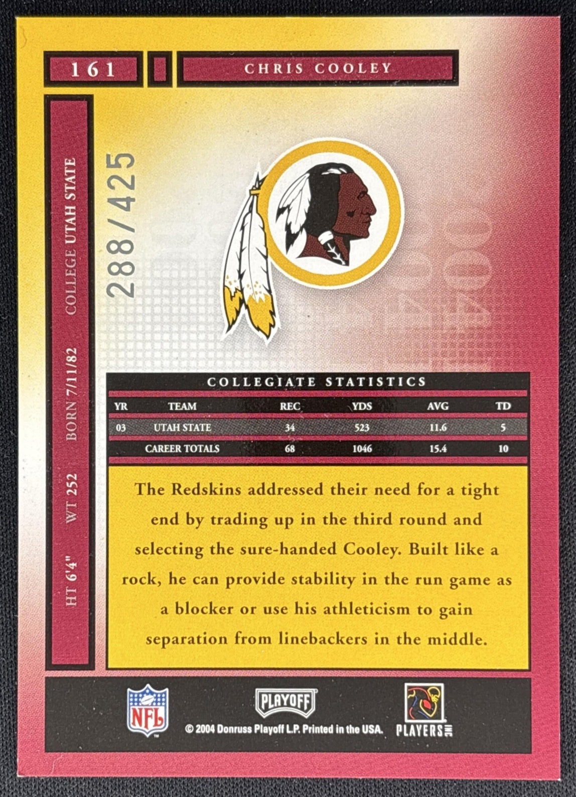 Chris Cooley 2004 Playoff Contenders Honors /425 Redskins back