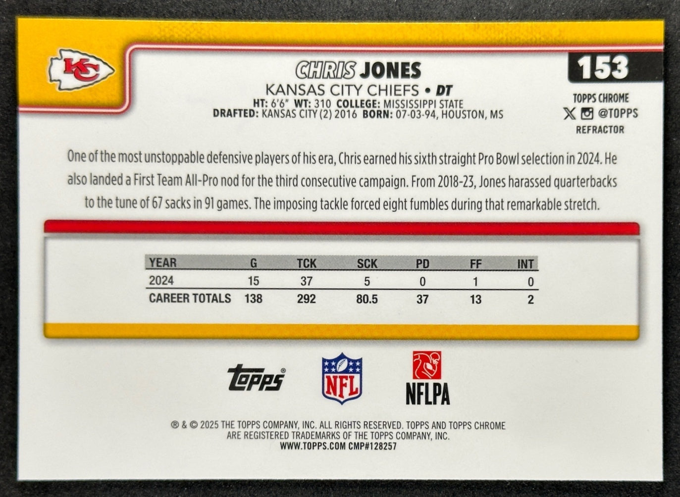 Chris Jones 2025 Topps Chrome Refractor Chiefs Sports Trading Cards