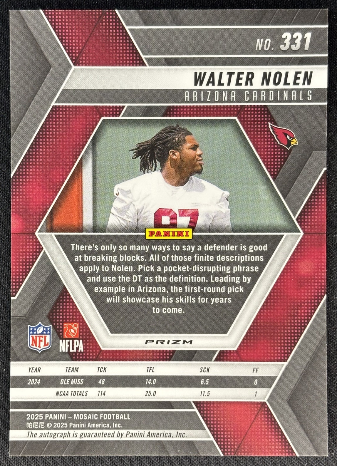 Walter Nolen 2025 Panini Mosaic Rookie Auto Cardinals Sports Trading Cards
