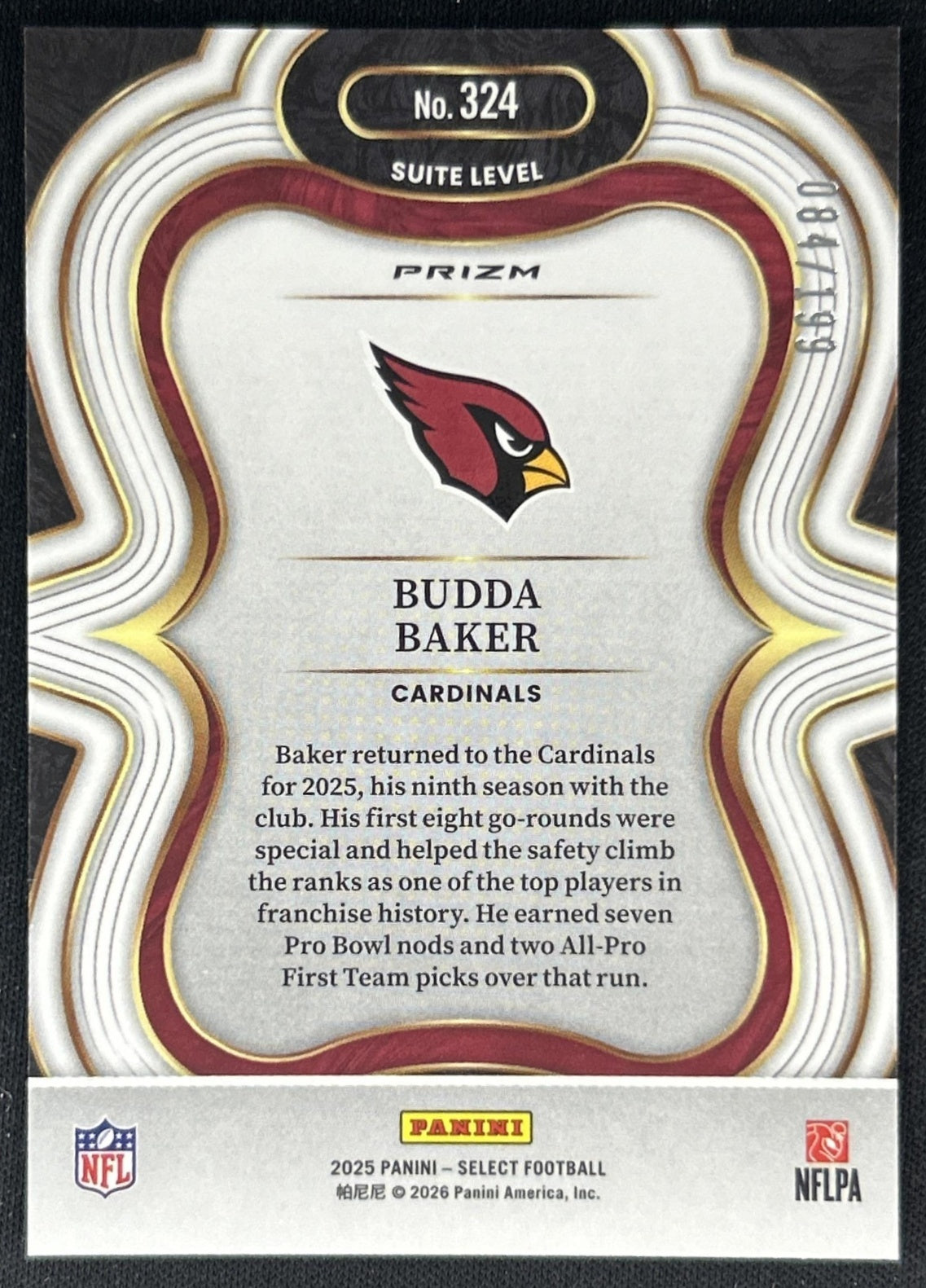 Budda Baker 2025 Panini Select Suite Level Tri-Color Prizm /199 Cardinals back