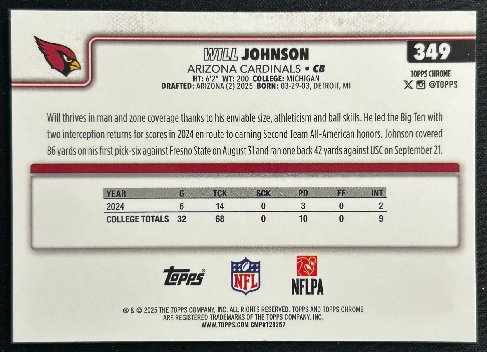 Will Johnson 2025 Topps Chrome Rookie Cardinals Sports Trading Cards
