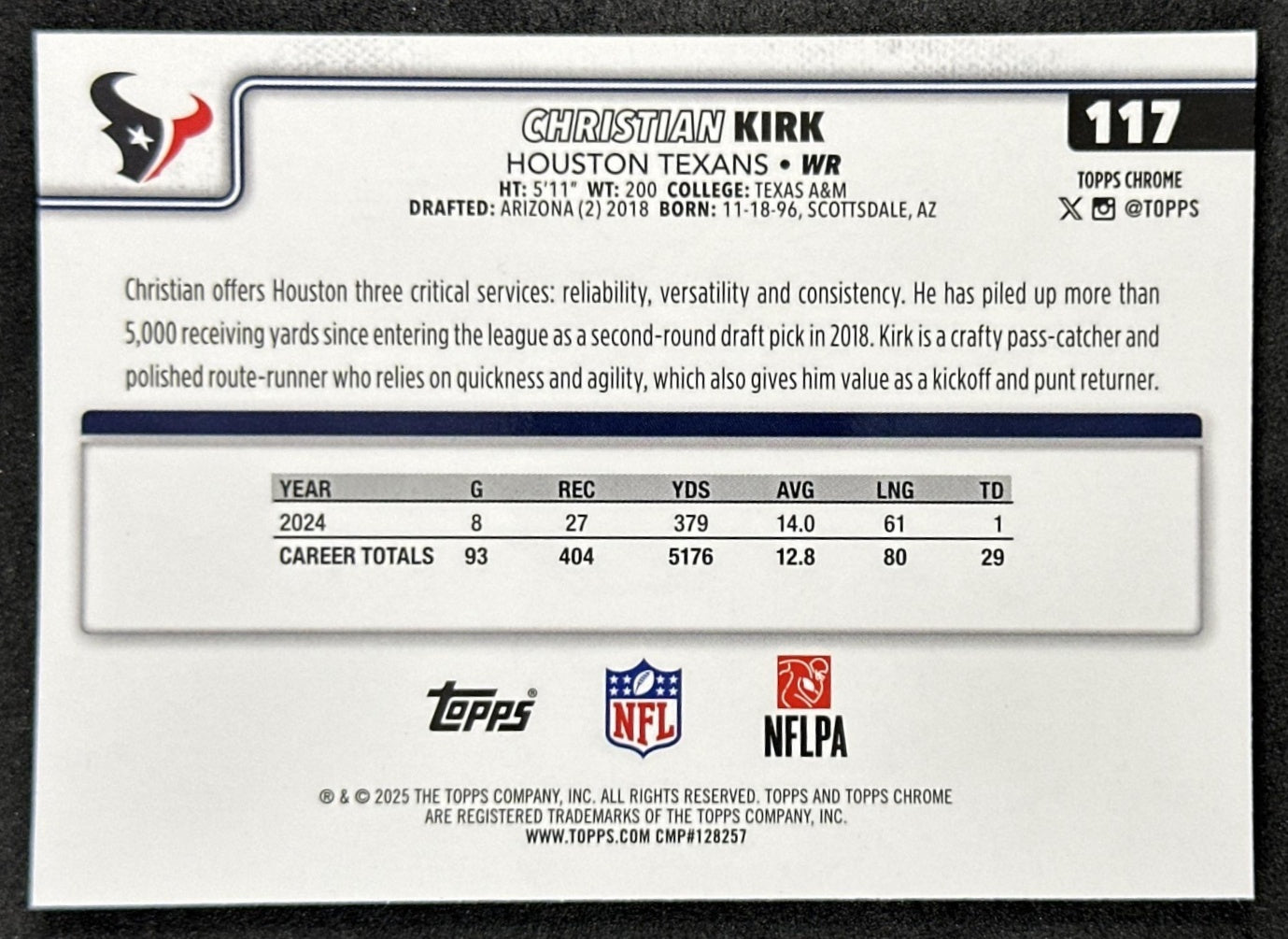 Christian Kirk 2025 Topps Chrome Sapphire Texans