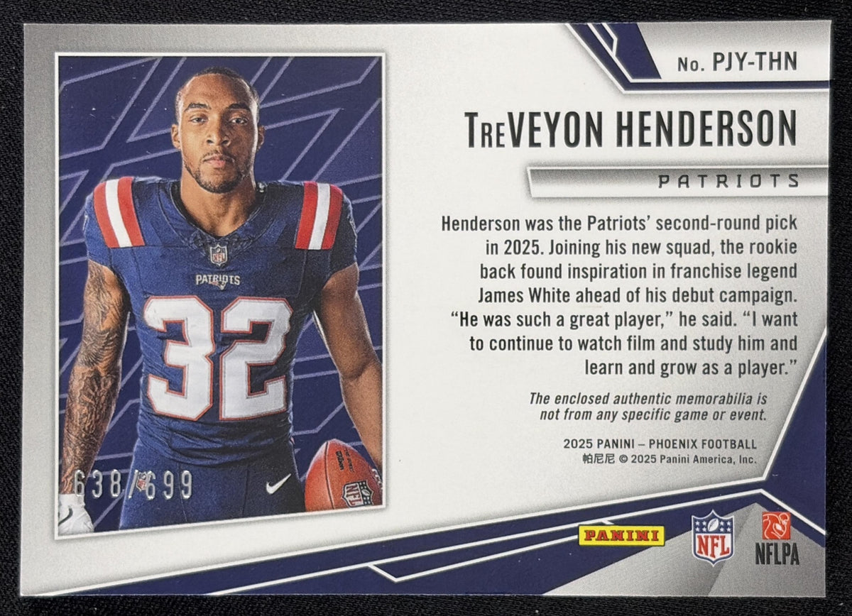 TreVeyon Henderson 2025 Panini Phoenix Rookie Phenom Jersey /699 New England Patriots