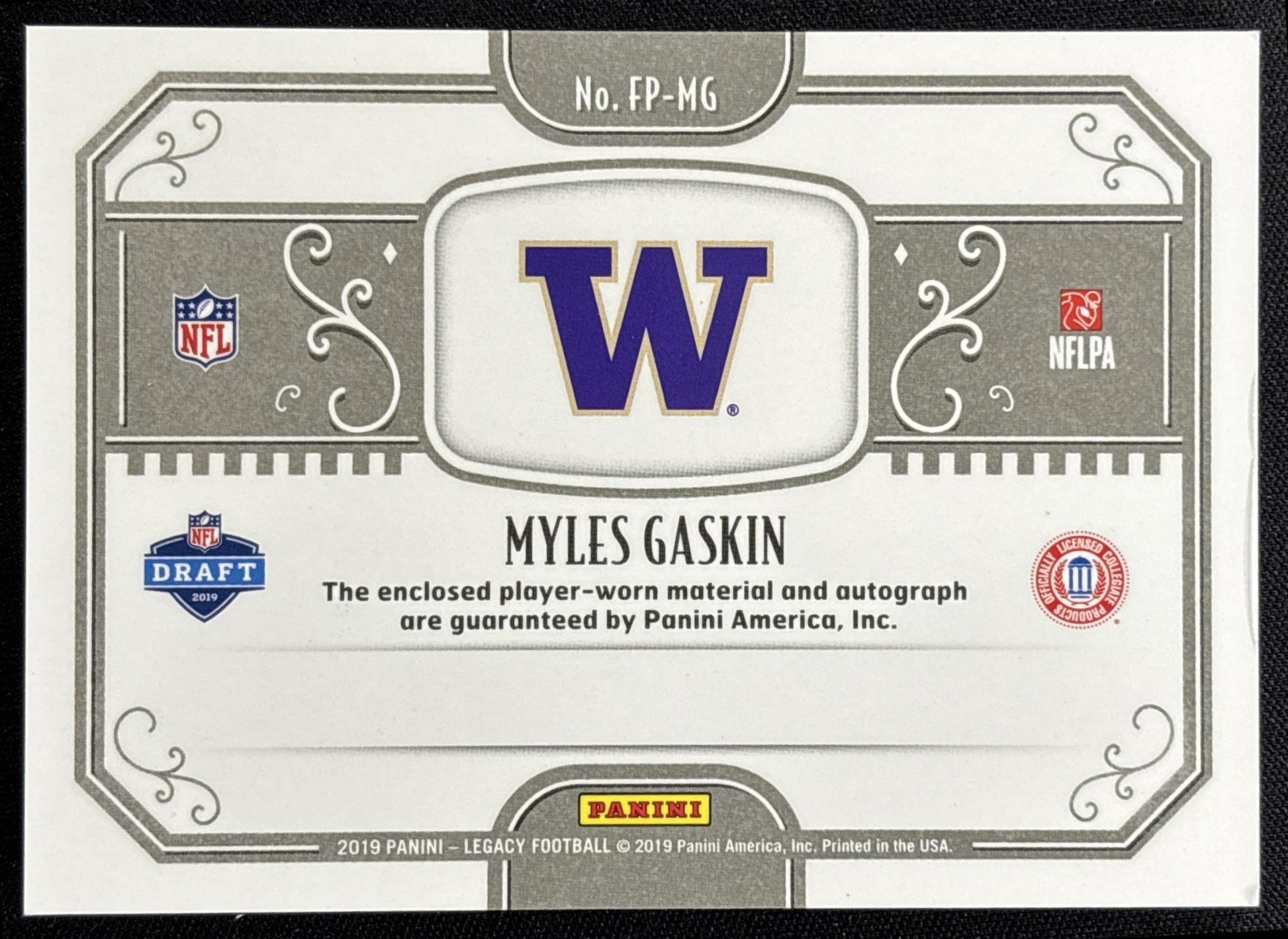 Myles Gaskin 2019 Panini Legacy Futures Patch Auto Huskies