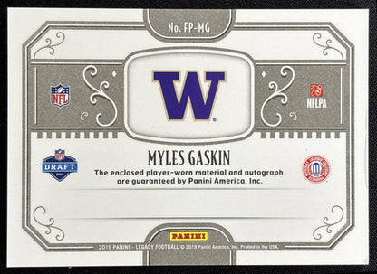 Myles Gaskin 2019 Panini Legacy Futures Patch Auto Huskies