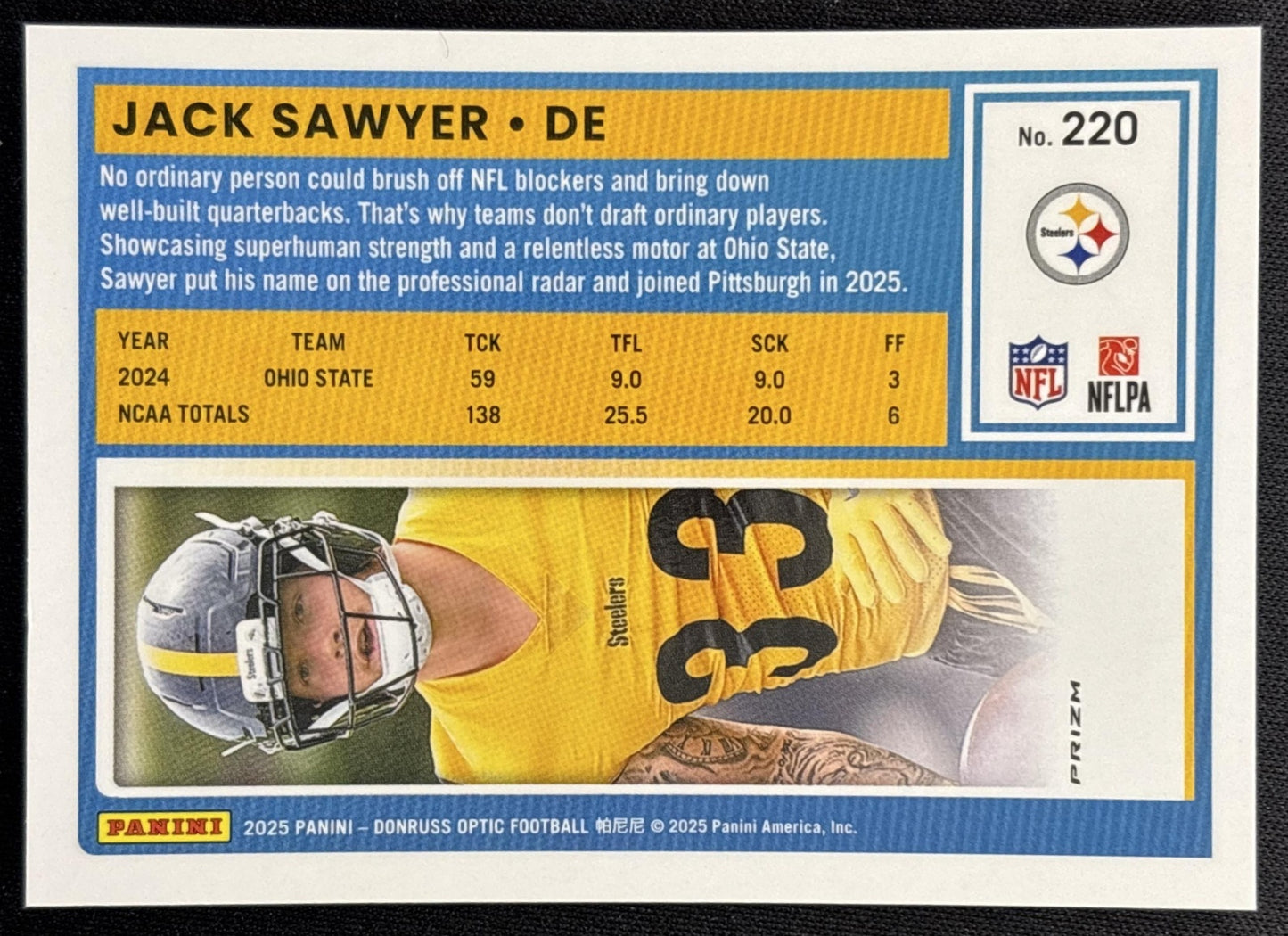 Jack Sawyer 2025 Panini Donruss Optic Rated Rookie Jazz Prizm Steelers Sports Trading Card