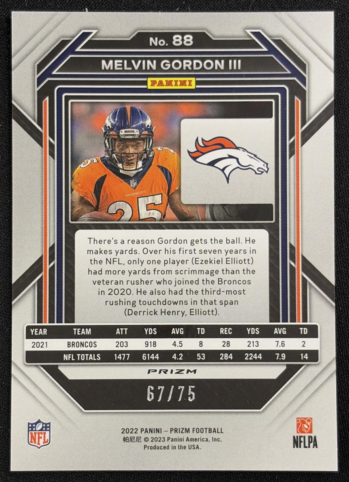 Melvin Gordon III 2022 Panini Prizm Green Scope /75 Broncos - back