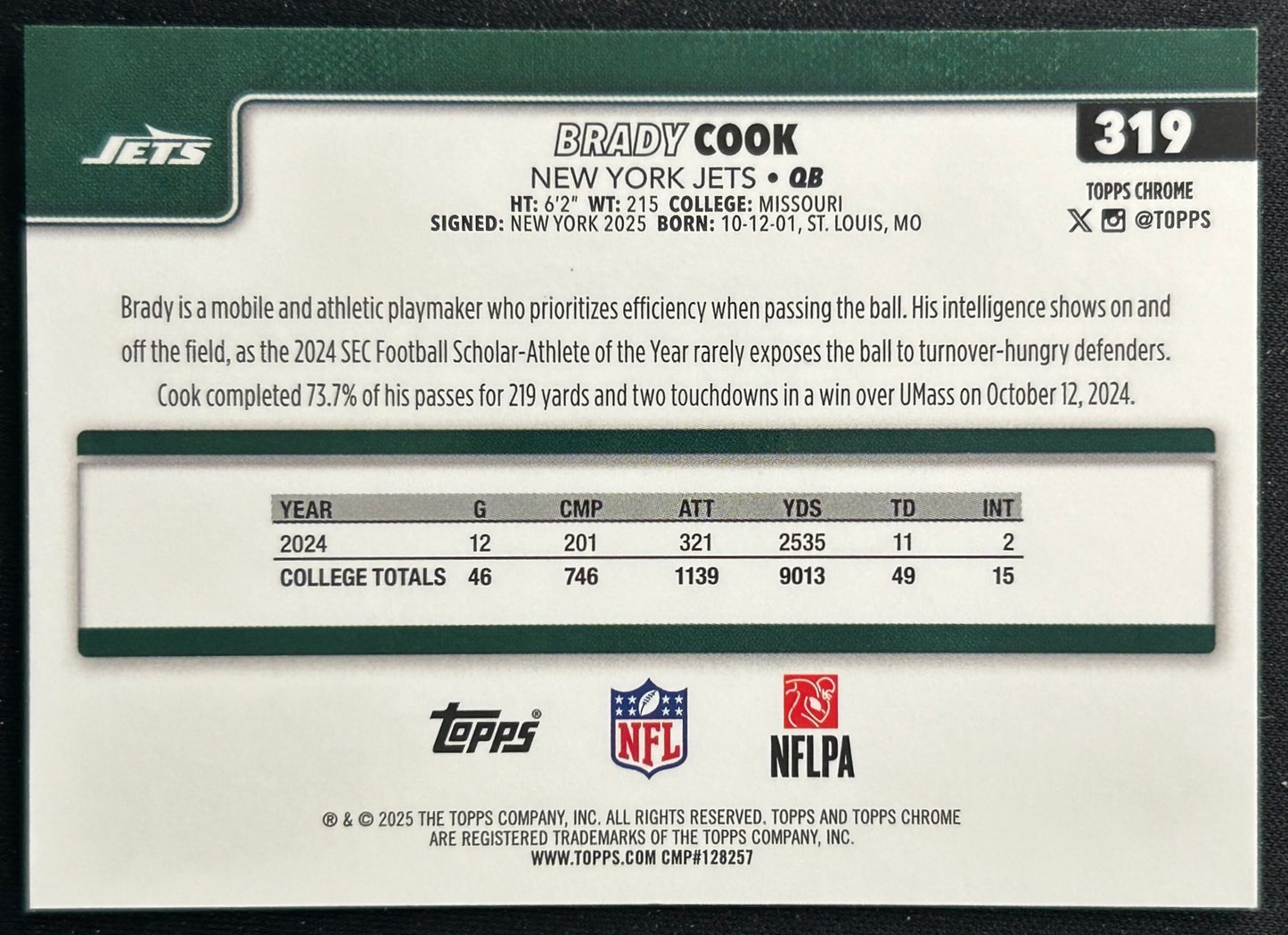 Brady Cook 2025 Topps Chrome Rookie Jets Sports Trading Cards