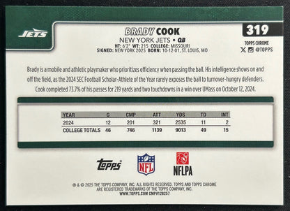 Brady Cook 2025 Topps Chrome Rookie Jets Sports Trading Cards