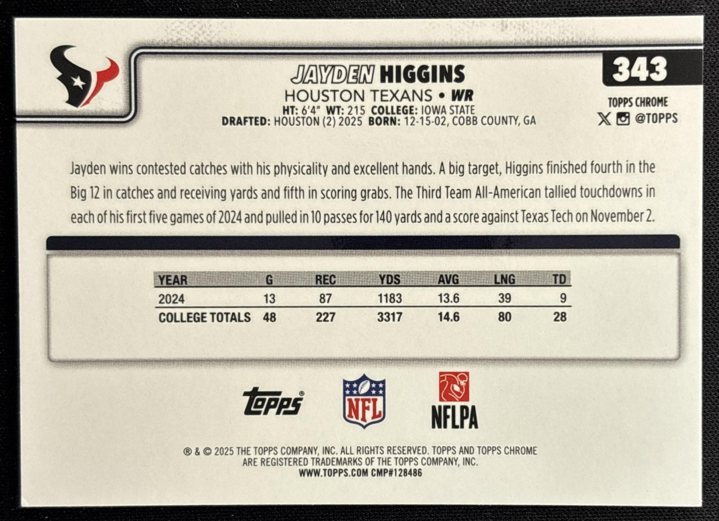 Jayden Higgins 2025 Topps Chrome Rookie Image Variation Sports Trading Cards