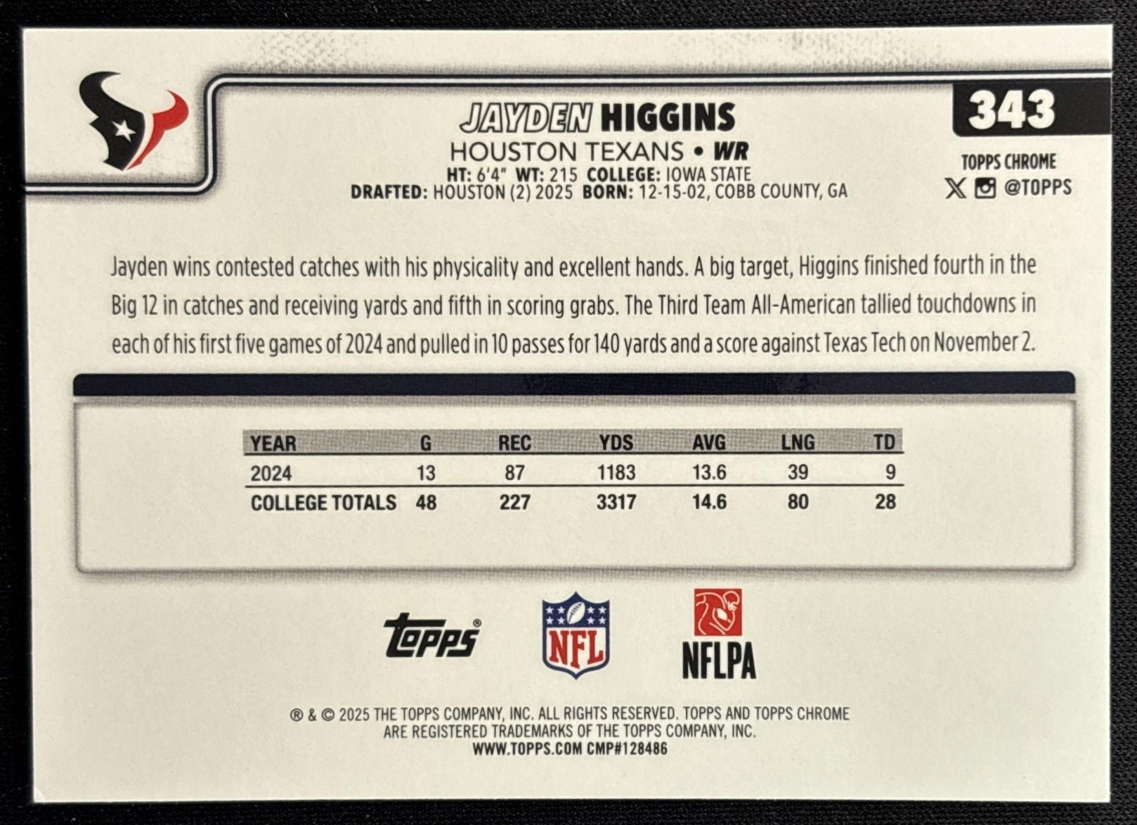 Jayden Higgins 2025 Topps Chrome Rookie Image Variation Sports Trading Cards
