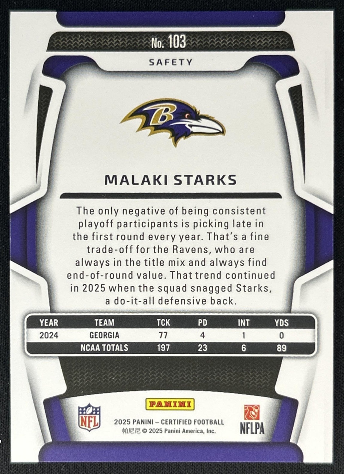 Malaki Starks 2025 Panini Certified Rookies Mirror /399 Ravens