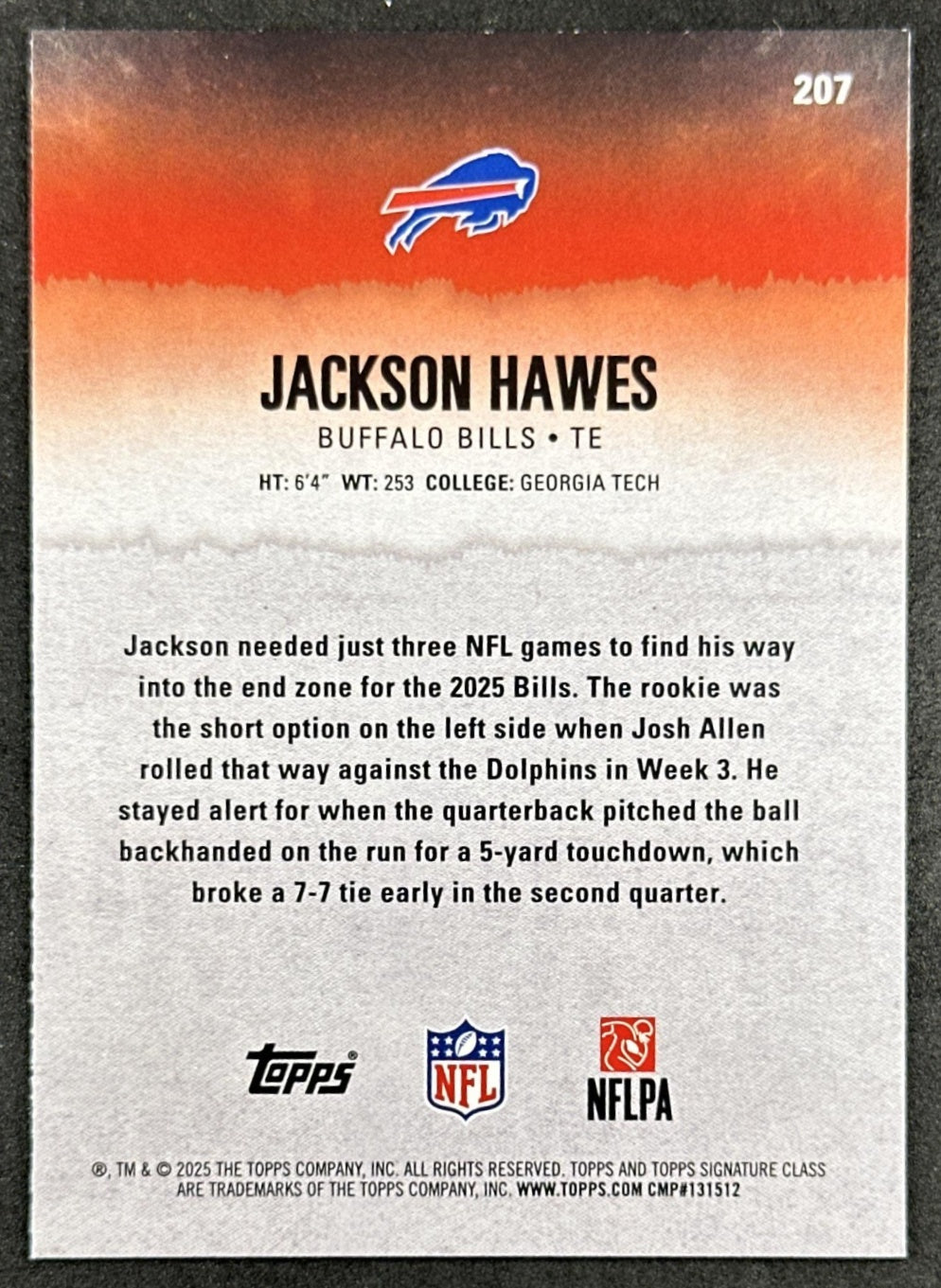 Jackson Hawes 2025 Topps Signature Class Rookie Blue & Yellow Foil Bills