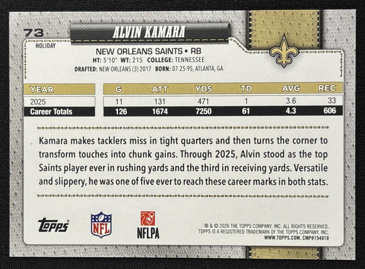 Alvin Kamara 2026 Topps Holiday Light Blue and White Glitter Saints | New Orleans Saints