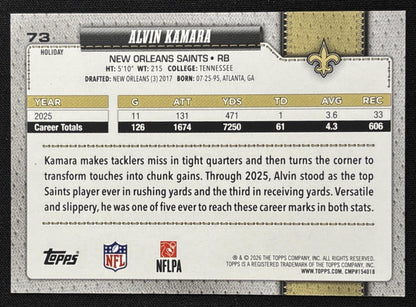 Alvin Kamara 2026 Topps Holiday Light Blue and White Glitter Saints | New Orleans Saints