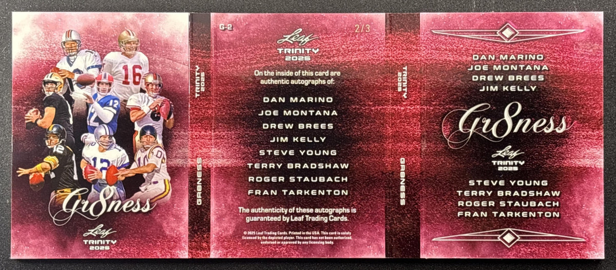 Dan Marino Joe Montana Drew BRees Jim Kelly Steve Young Terry Bradshaw Roger Staubach Fran Tarkenton 2025 Leaf Trinity Gr8ness Booklet Autos /3 49ers Saints Vikings Cowboys Dolphins Bills Steelers