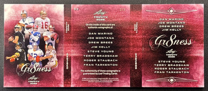 Dan Marino Joe Montana Drew BRees Jim Kelly Steve Young Terry Bradshaw Roger Staubach Fran Tarkenton 2025 Leaf Trinity Gr8ness Booklet Autos /3 49ers Saints Vikings Cowboys Dolphins Bills Steelers