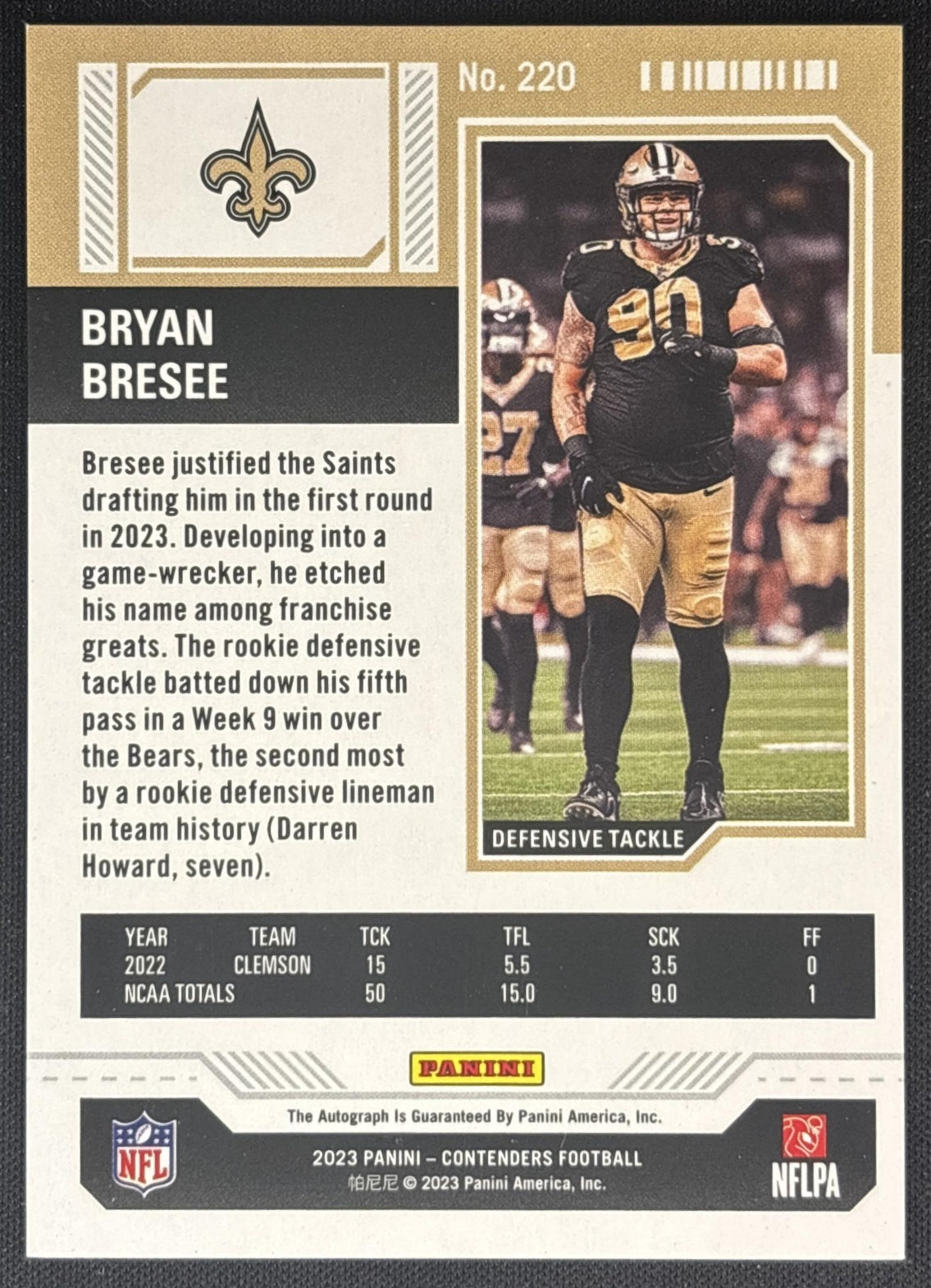 Bryan Bresee 2023 Panini Contenders Season Ticket Green Lazer Sunburst Saints back