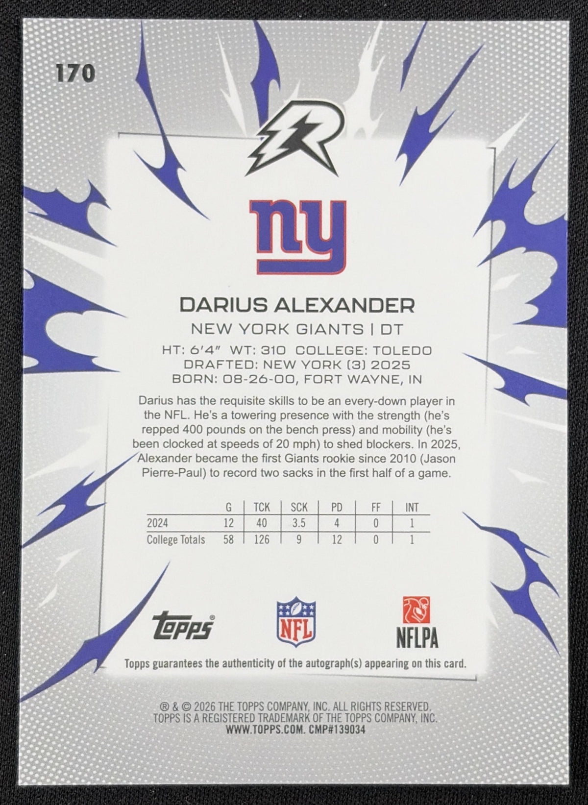 Darius Alexander 2025 Topps Resurgence Rookie Signatures Gold Power Surge Refractor /50 Giants