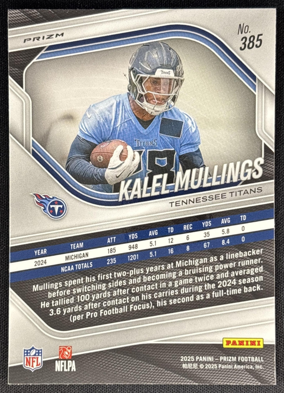 Kalel Mullings 2025 Panini Prizm Choice Blue Yellow & Green Titans Sports Trading Cards