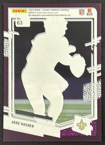 Jake Haener 2023 Panini Clearly Donruss Rated Rookie Auto Purple /175 Saints