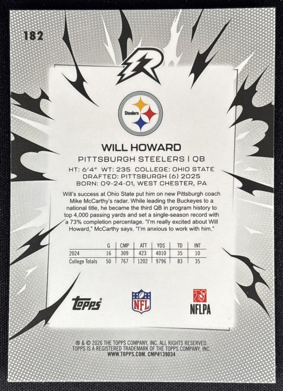 Will Howard 2025 Topps Resurgence Steelers back