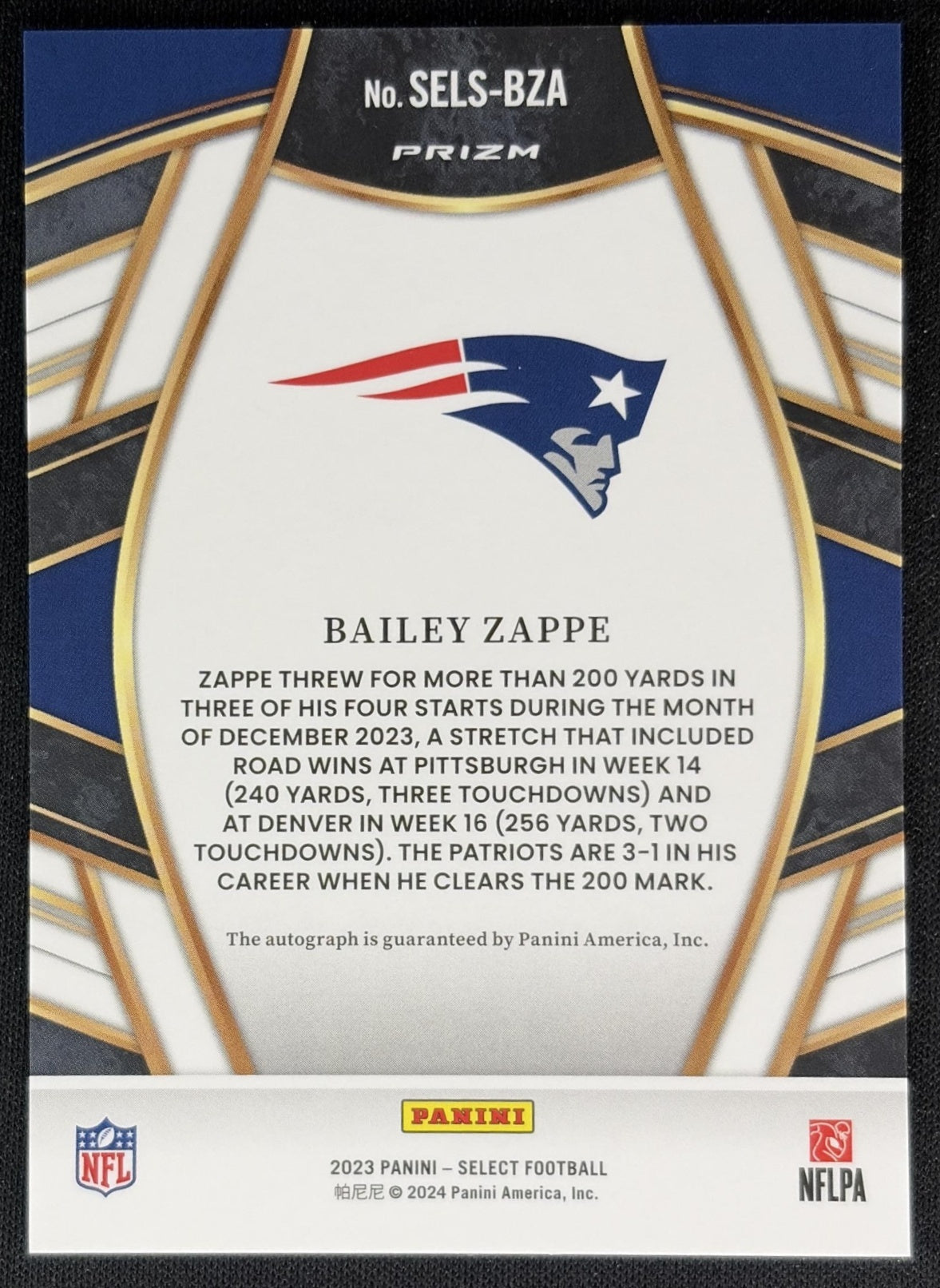 Bailey Zappe 2023 Panini Select Signatures Prizm Patriots back