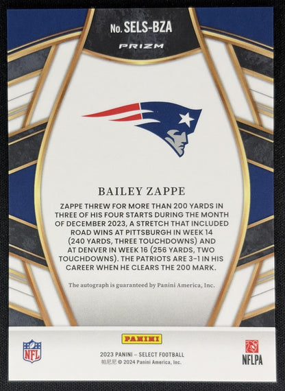 Bailey Zappe 2023 Panini Select Signatures Prizm Patriots back