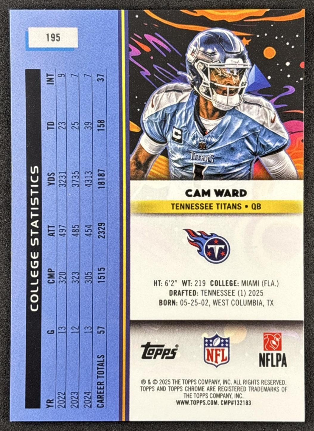 Cam Ward 2025 Topps Cosmic Chrome Titans Tennessee Titans