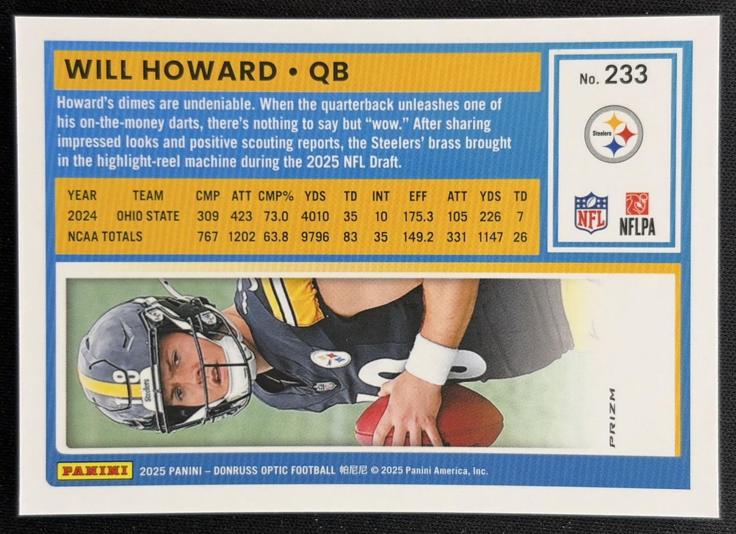 Will Howard 2025 Panini Donruss Optic Rated Rookie Stars Prizm Steelers Back