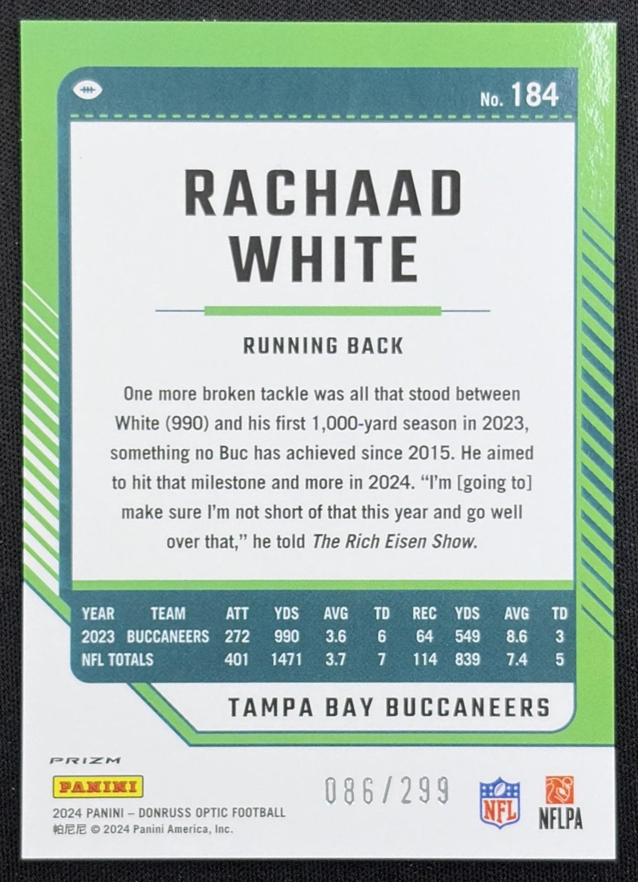 Rachaad White 2024 Panini Donruss Optic Aqua /299 Buccaneers
