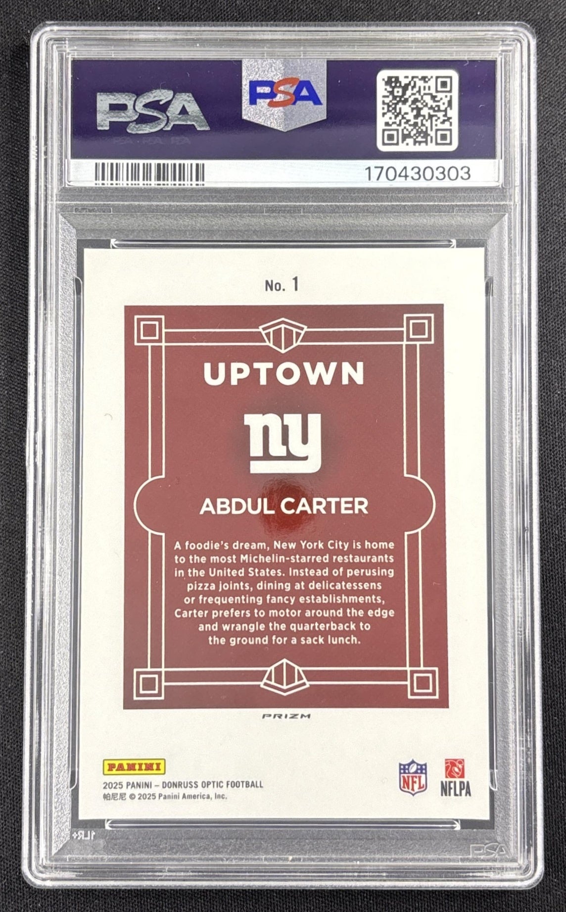 Abdul Carter 2025 Panini Donruss Optic Uptown PSA 8 Giants Sports Trading Card