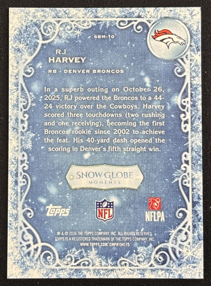 RJ Harvey 2026 Topps Holiday Snow Globe Moments Broncos - back